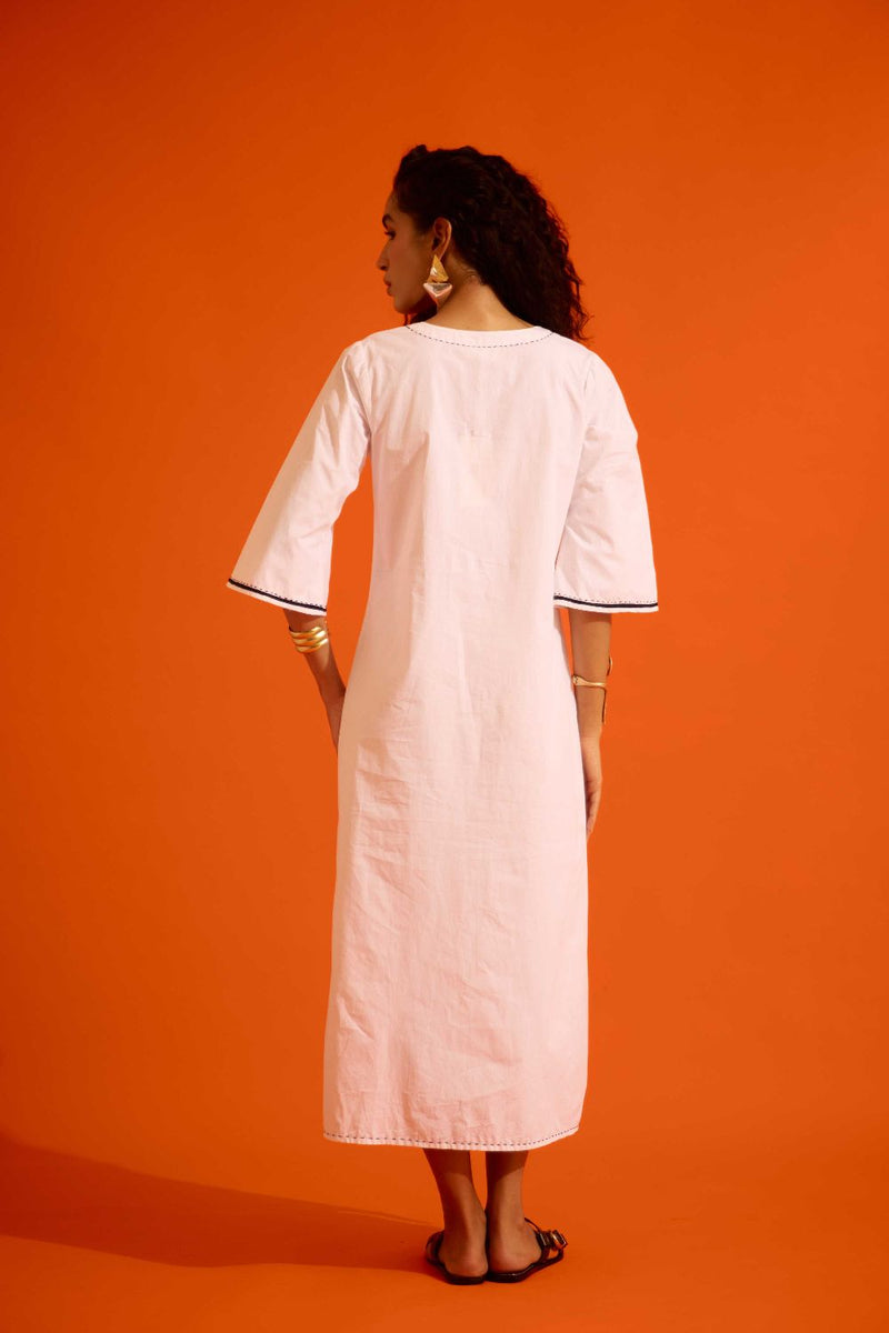 Ivory Cotton Thread Embroidered Dress With Leaf Motif poplin by Indian Summer Story in ivory color for women Worldwide