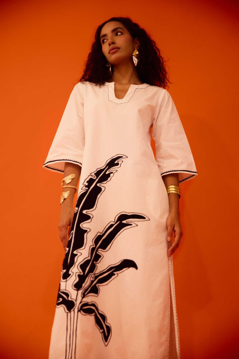 Ivory Cotton Thread Embroidered Dress With Leaf Motif poplin by Indian Summer Story in ivory color for women Worldwide