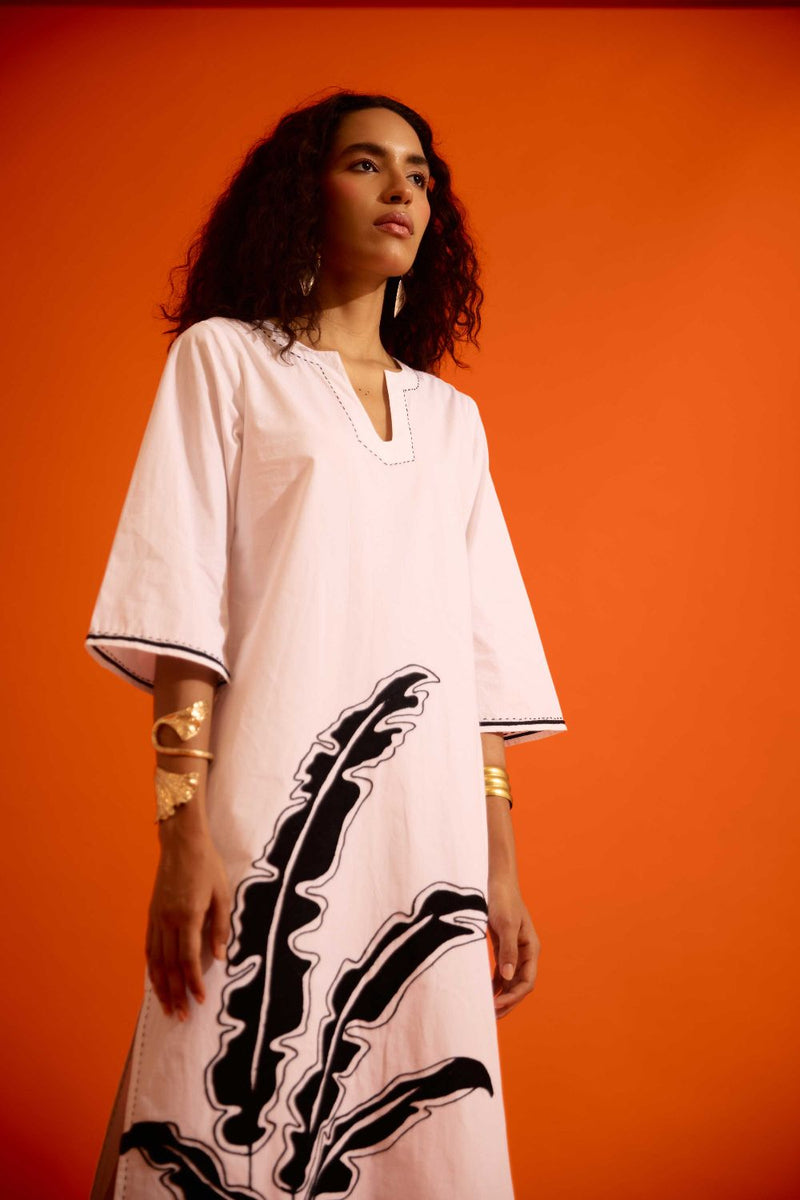 Ivory Cotton Thread Embroidered Dress With Leaf Motif poplin by Indian Summer Story in ivory color for women Worldwide
