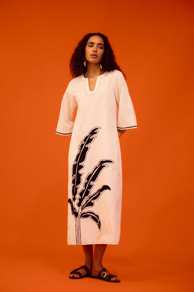 Ivory Cotton Thread Embroidered Dress With Leaf Motif poplin by Indian Summer Story in ivory color for women Worldwide