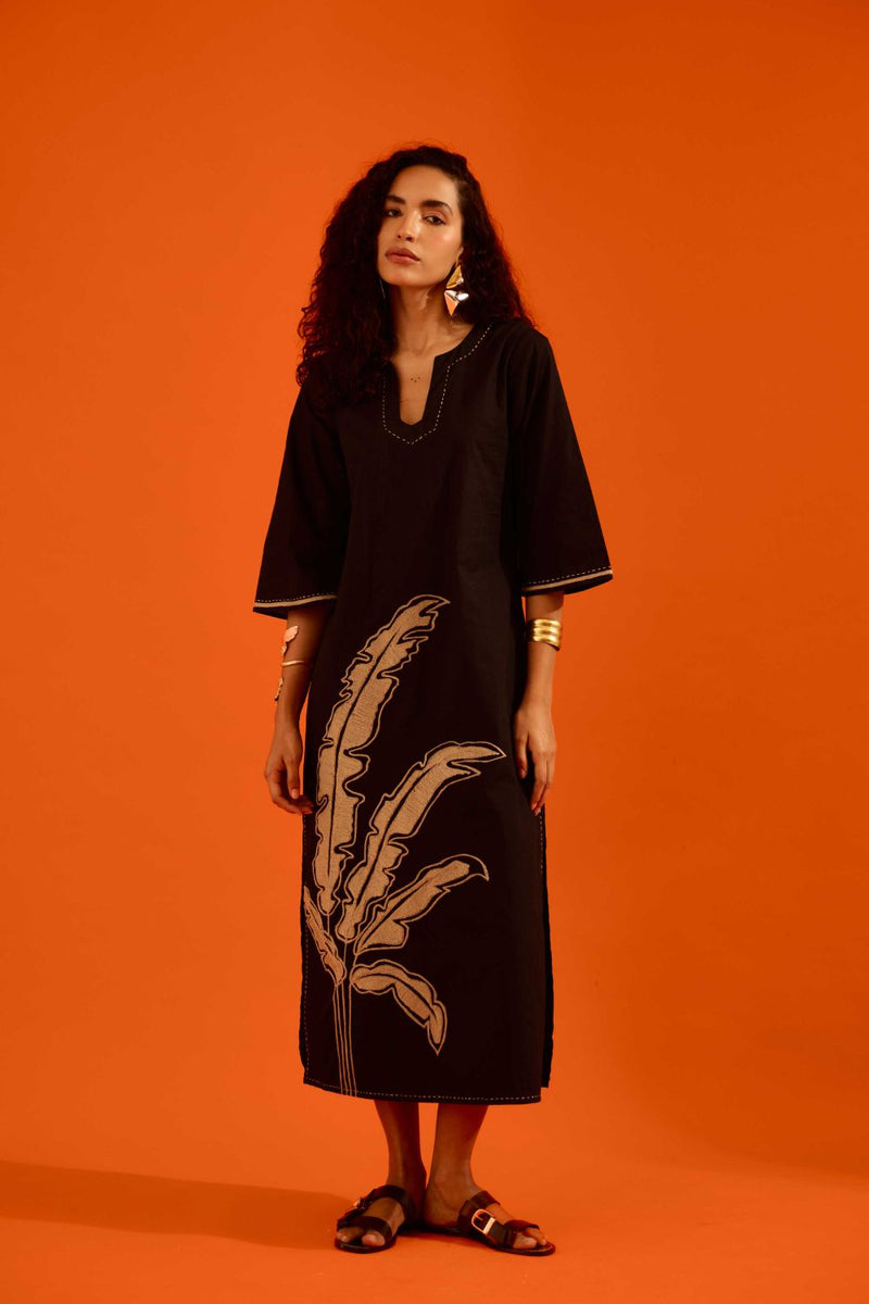 Black Cotton Thread Embroidered Dress With Leaf Motif poplin by Indian Summer Story in black color for women Worldwide