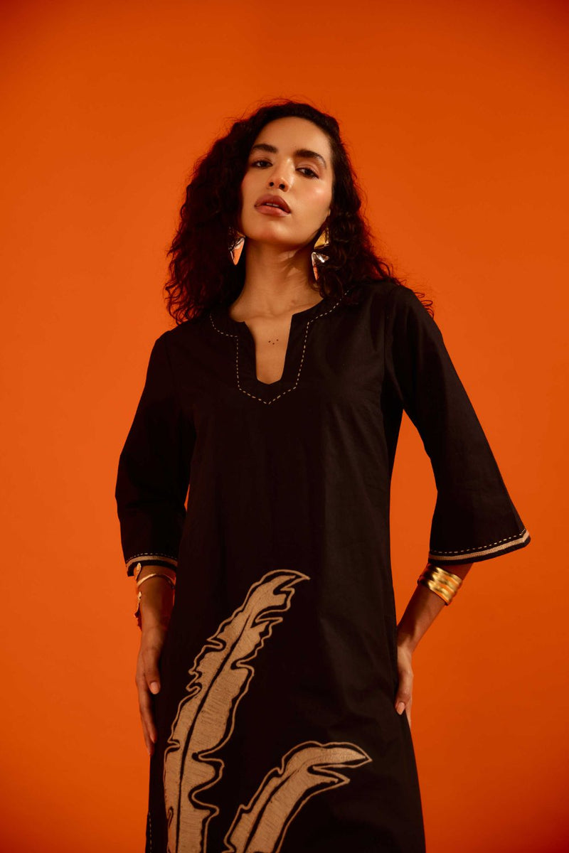 Black Cotton Thread Embroidered Dress With Leaf Motif poplin by Indian Summer Story in black color for women Worldwide