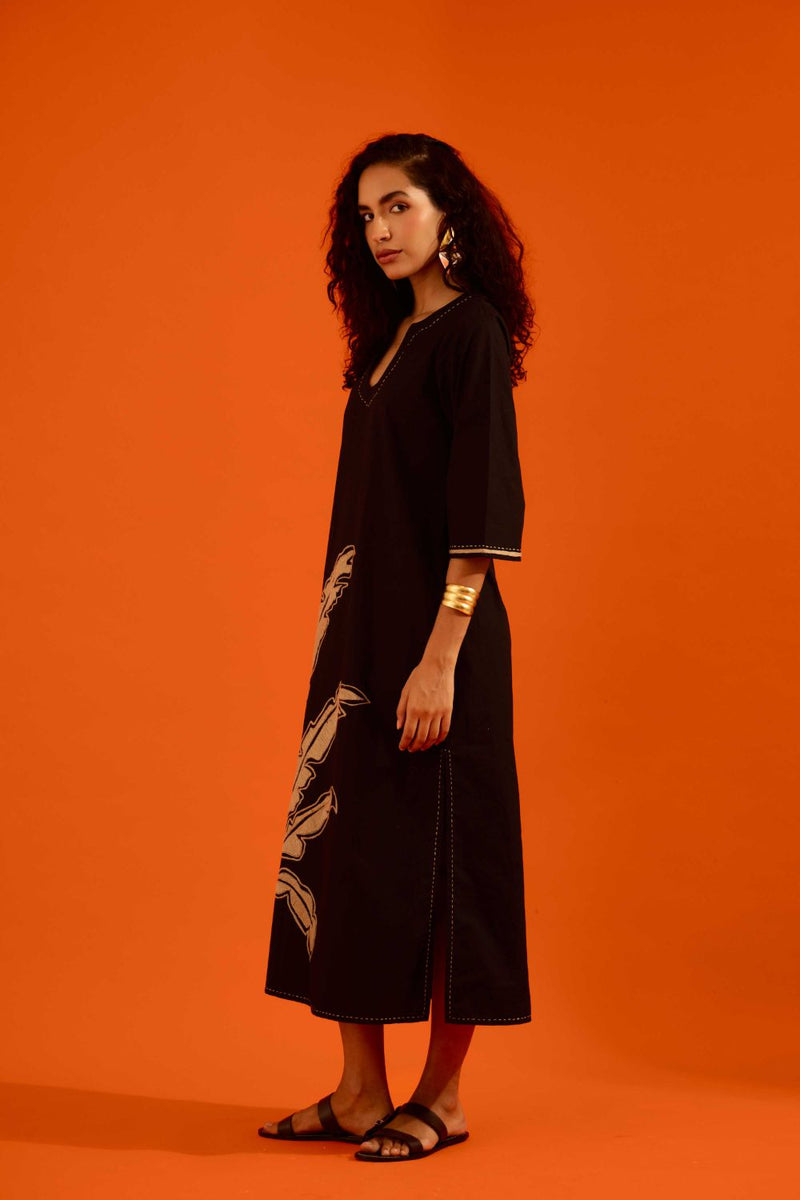 Black Cotton Thread Embroidered Dress With Leaf Motif poplin by Indian Summer Story in black color for women Worldwide