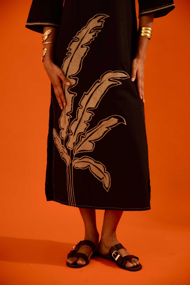 Black Cotton Thread Embroidered Dress With Leaf Motif poplin by Indian Summer Story in black color for women Worldwide
