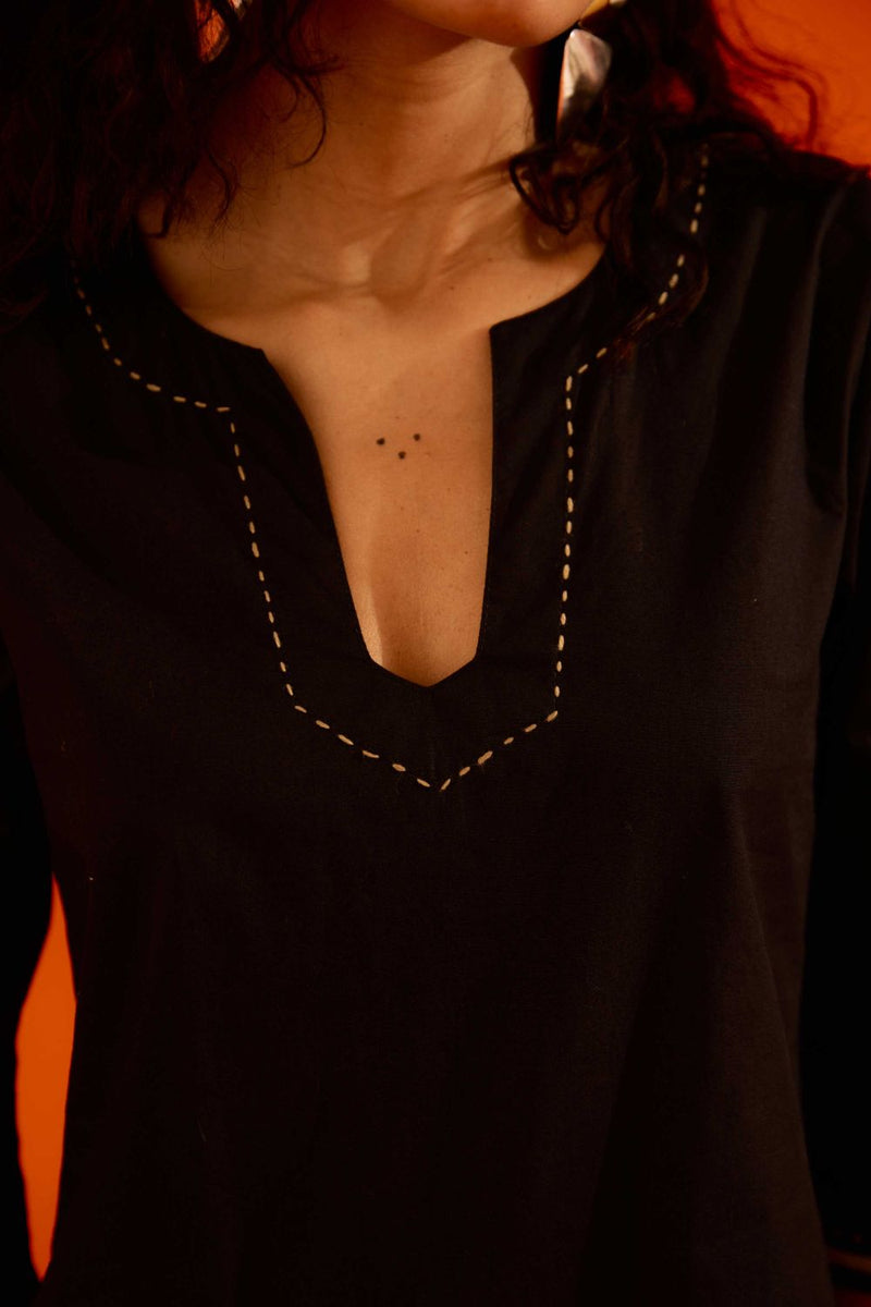 Black Cotton Thread Embroidered Dress With Leaf Motif poplin by Indian Summer Story in black color for women Worldwide