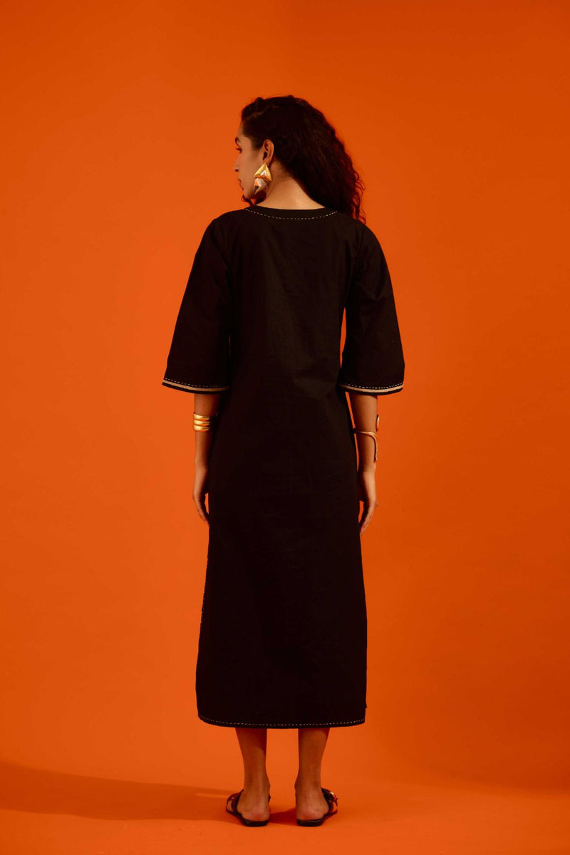 Black Cotton Thread Embroidered Dress With Leaf Motif poplin by Indian Summer Story in black color for women Worldwide