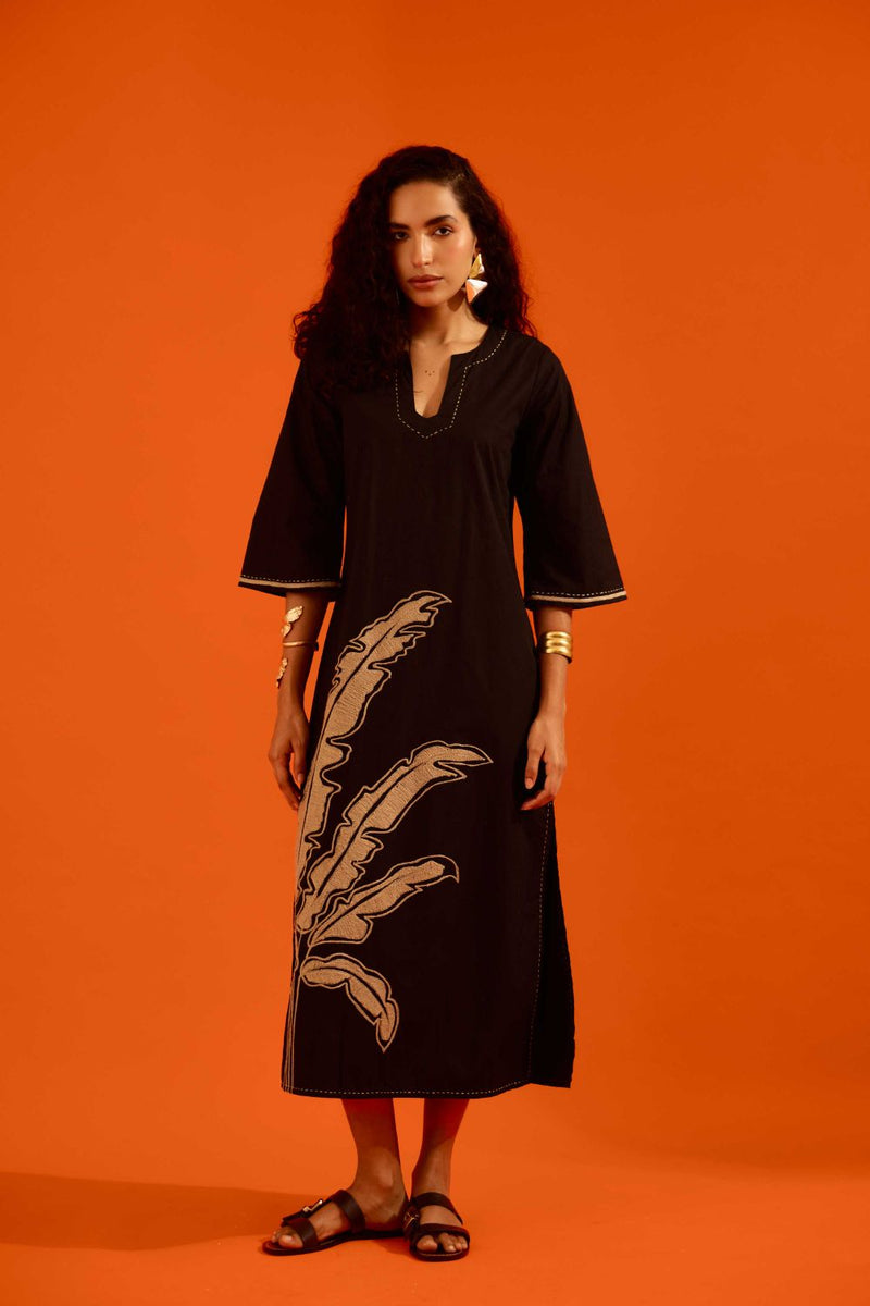 Black Cotton Thread Embroidered Dress With Leaf Motif poplin by Indian Summer Story in black color for women Worldwide