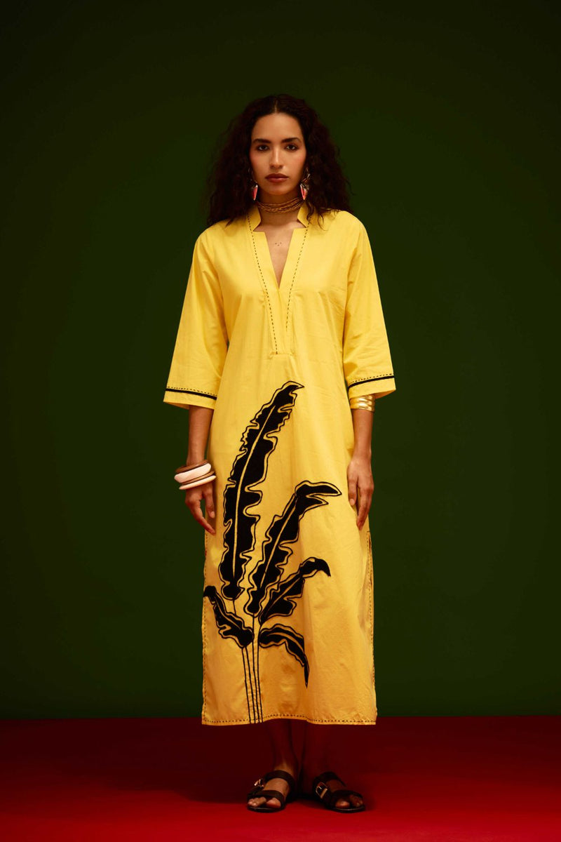 Mango Yellow Cotton Thread Embroidered Dress With Leaf Motif poplin by Indian Summer Story in yellow color for women Worldwide