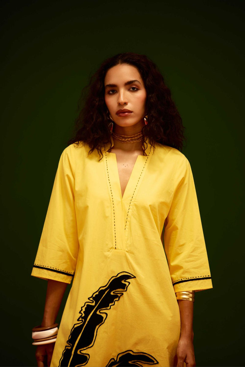 Mango Yellow Cotton Thread Embroidered Dress With Leaf Motif poplin by Indian Summer Story in yellow color for women Worldwide