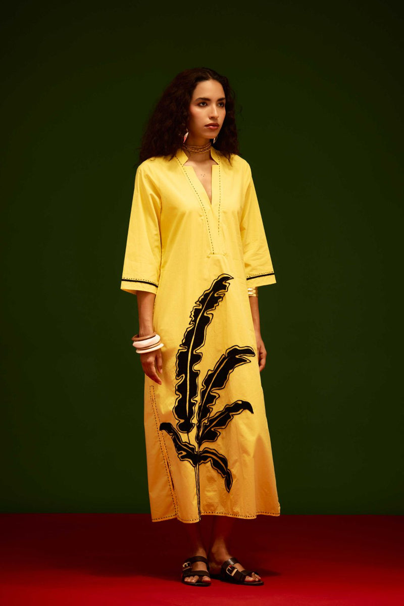 Mango Yellow Cotton Thread Embroidered Dress With Leaf Motif poplin by Indian Summer Story in yellow color for women Worldwide