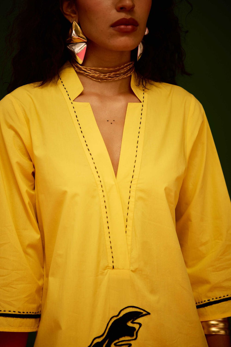 Mango Yellow Cotton Thread Embroidered Dress With Leaf Motif poplin by Indian Summer Story in yellow color for women Worldwide