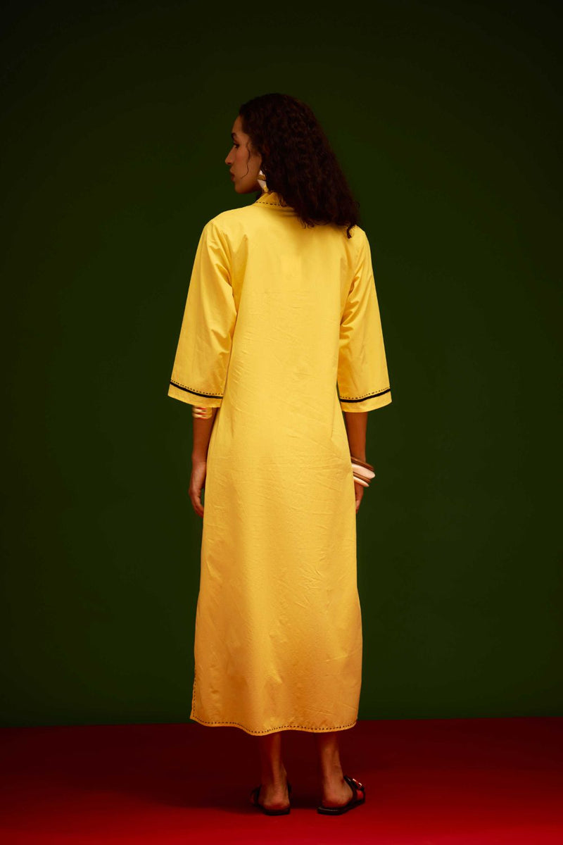 Mango Yellow Cotton Thread Embroidered Dress With Leaf Motif poplin by Indian Summer Story in yellow color for women Worldwide