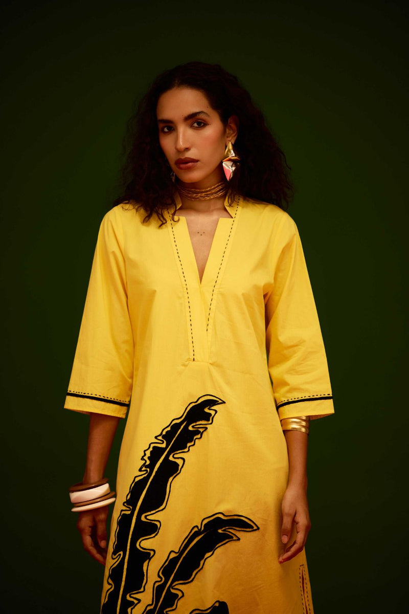 Mango Yellow Cotton Thread Embroidered Dress With Leaf Motif poplin by Indian Summer Story in yellow color for women Worldwide