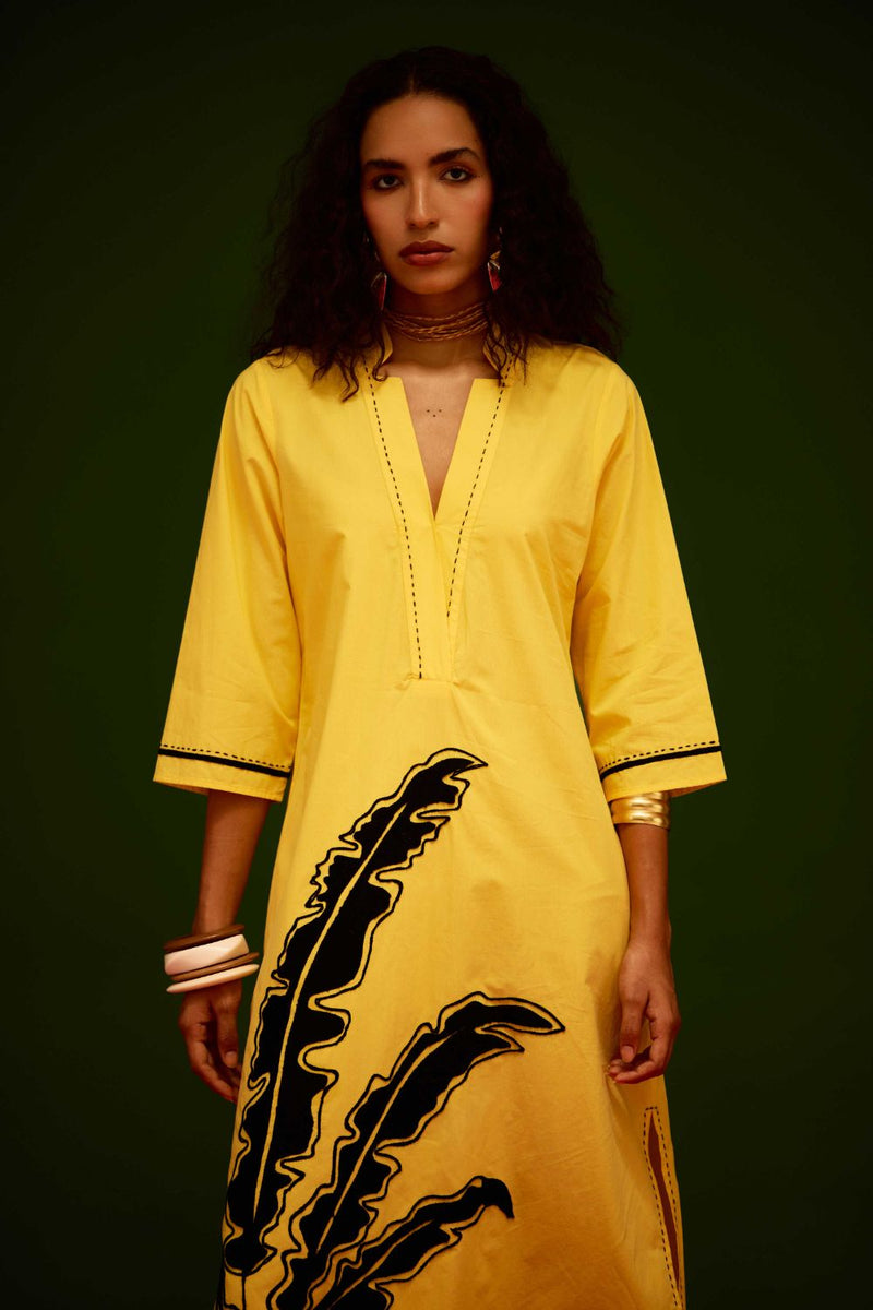 Mango Yellow Cotton Thread Embroidered Dress With Leaf Motif poplin by Indian Summer Story in yellow color for women Worldwide