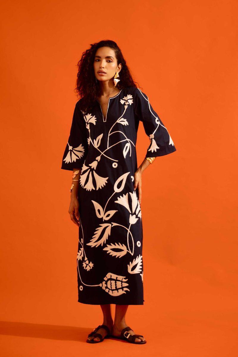 Black Cotton Maxi Dress With Ivory Botanical Thread Embroidery poplin by Indian Summer Story in black color for women Worldwide