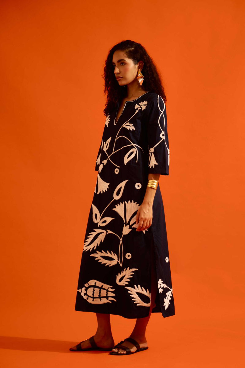 Black Cotton Maxi Dress With Ivory Botanical Thread Embroidery poplin by Indian Summer Story in black color for women Worldwide