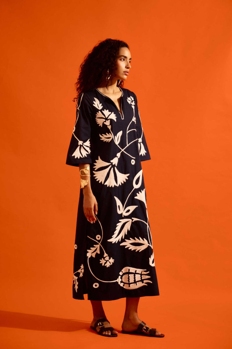 Black Cotton Maxi Dress With Ivory Botanical Thread Embroidery poplin by Indian Summer Story in black color for women Worldwide