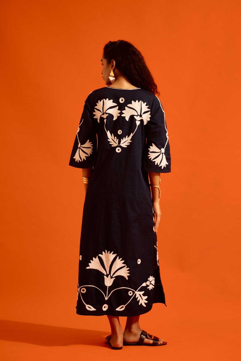 Black Cotton Maxi Dress With Ivory Botanical Thread Embroidery poplin by Indian Summer Story in black color for women Worldwide