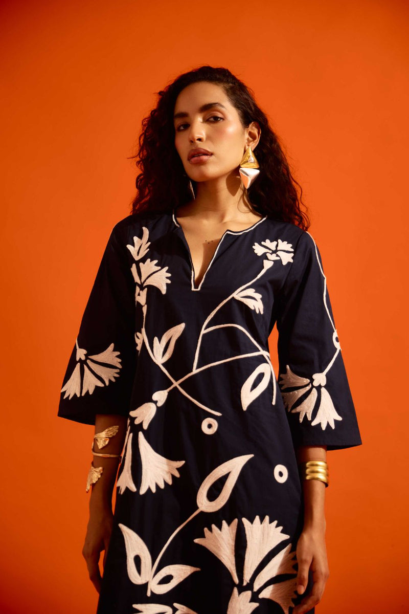 Black Cotton Maxi Dress With Ivory Botanical Thread Embroidery poplin by Indian Summer Story in black color for women Worldwide