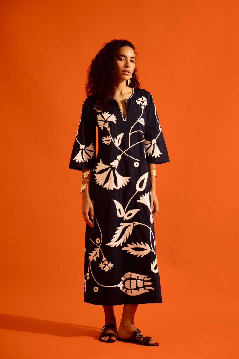Black Cotton Maxi Dress With Ivory Botanical Thread Embroidery poplin by Indian Summer Story in black color for women Worldwide