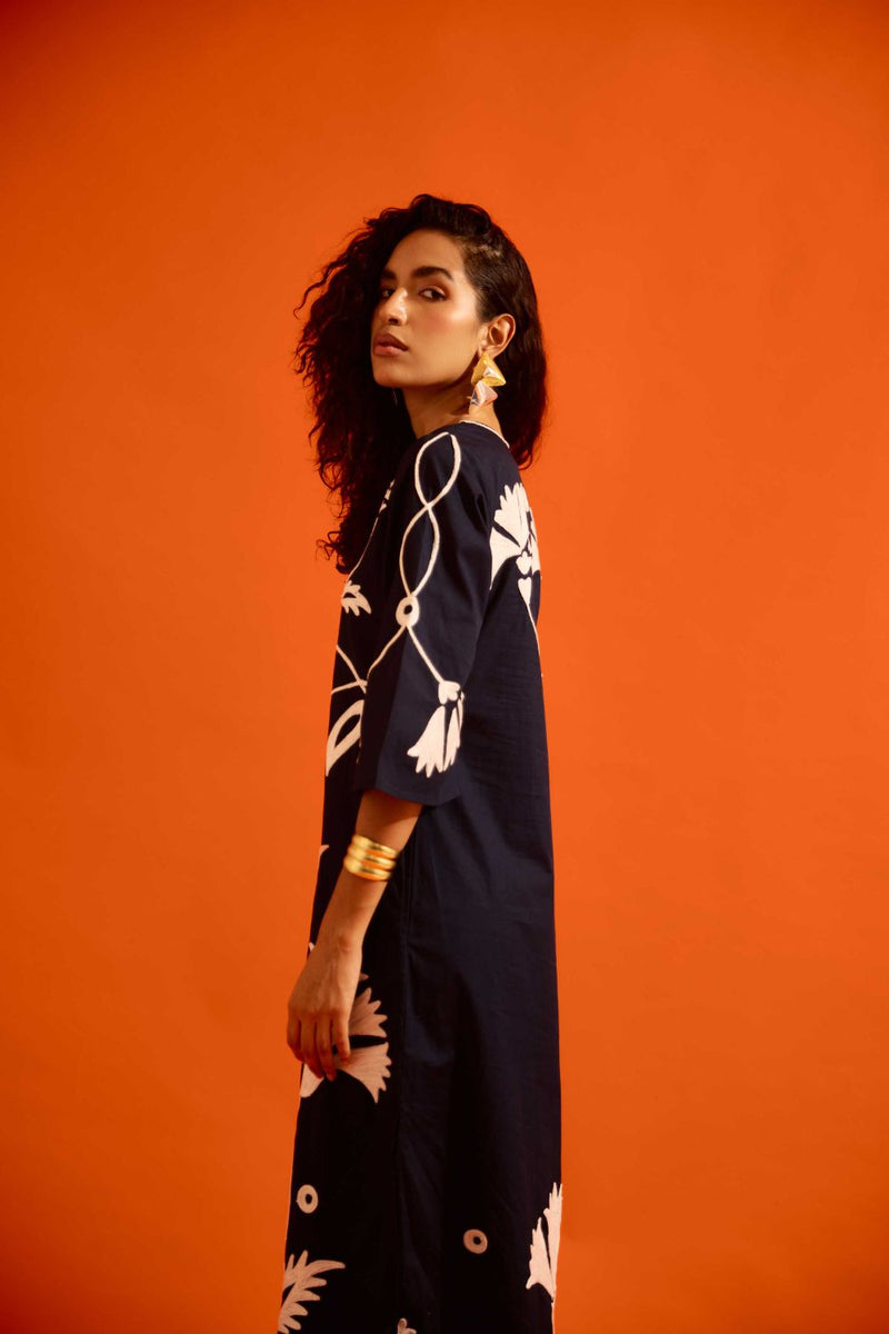 Black Cotton Maxi Dress With Ivory Botanical Thread Embroidery poplin by Indian Summer Story in black color for women Worldwide