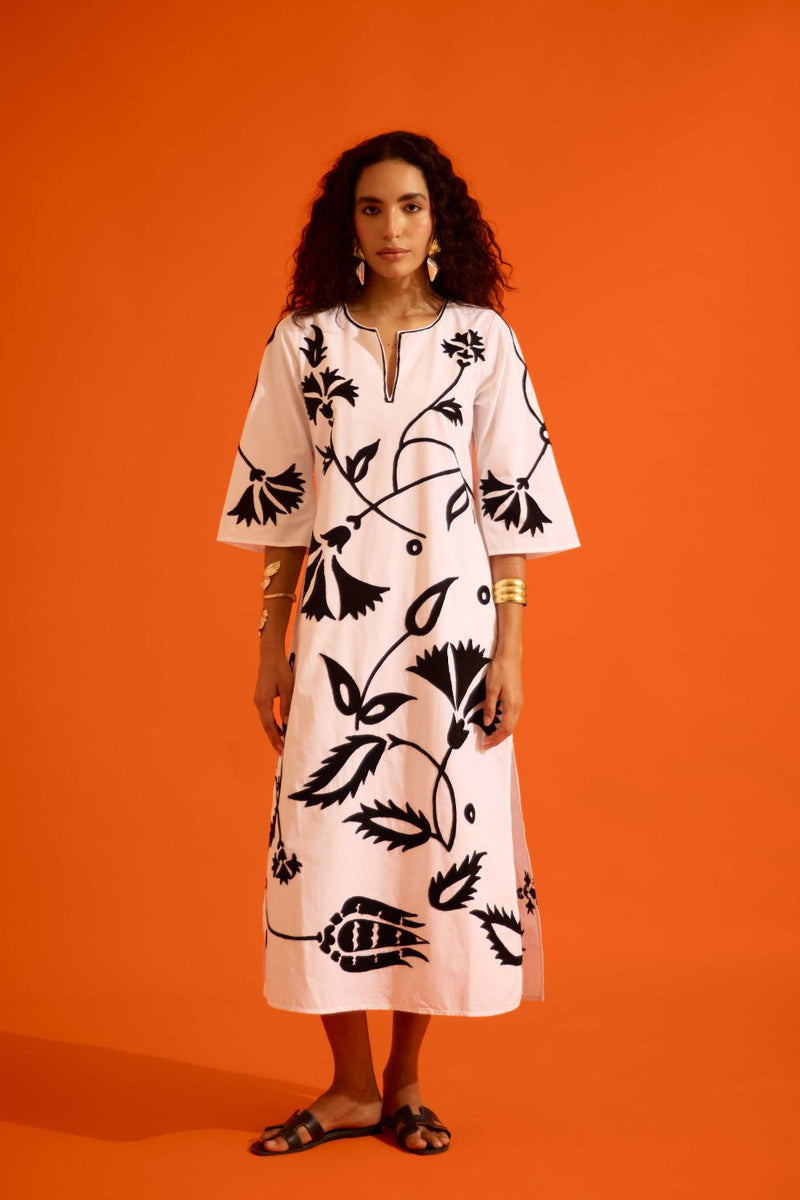 Ivory Cotton Maxi Dress With Black Botanical Thread Embroidery poplin by Indian Summer Story in ivory color for women Worldwide