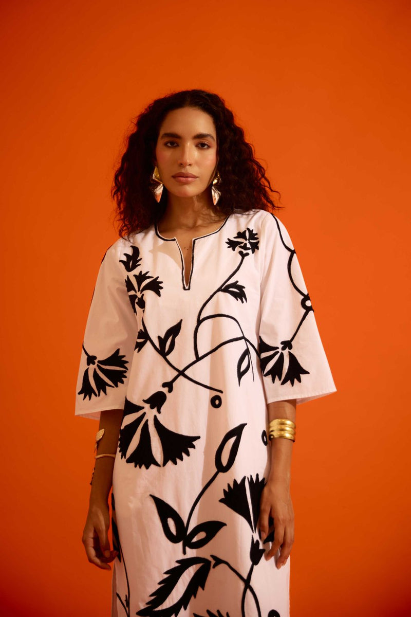 Ivory Cotton Maxi Dress With Black Botanical Thread Embroidery poplin by Indian Summer Story in ivory color for women Worldwide