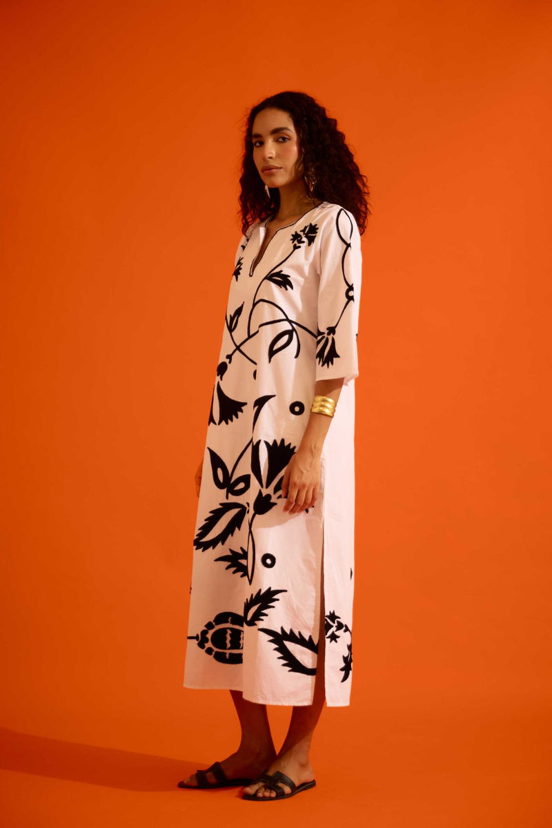 Ivory Cotton Maxi Dress With Black Botanical Thread Embroidery poplin by Indian Summer Story in ivory color for women Worldwide