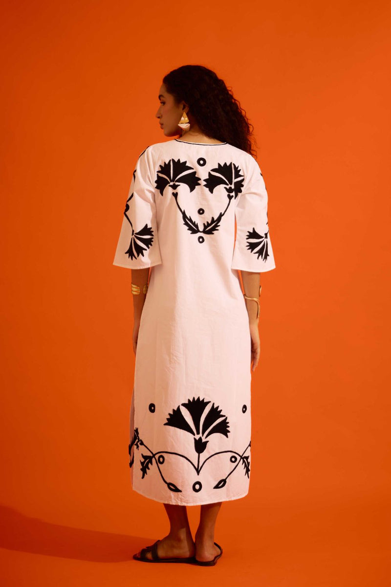 Ivory Cotton Maxi Dress With Black Botanical Thread Embroidery poplin by Indian Summer Story in ivory color for women Worldwide