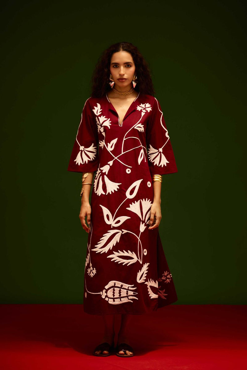 Burgundy Wine Cotton Maxi Dress With Ivory Botanical Thread Embroidery poplin by Indian Summer Story for women Worldwide