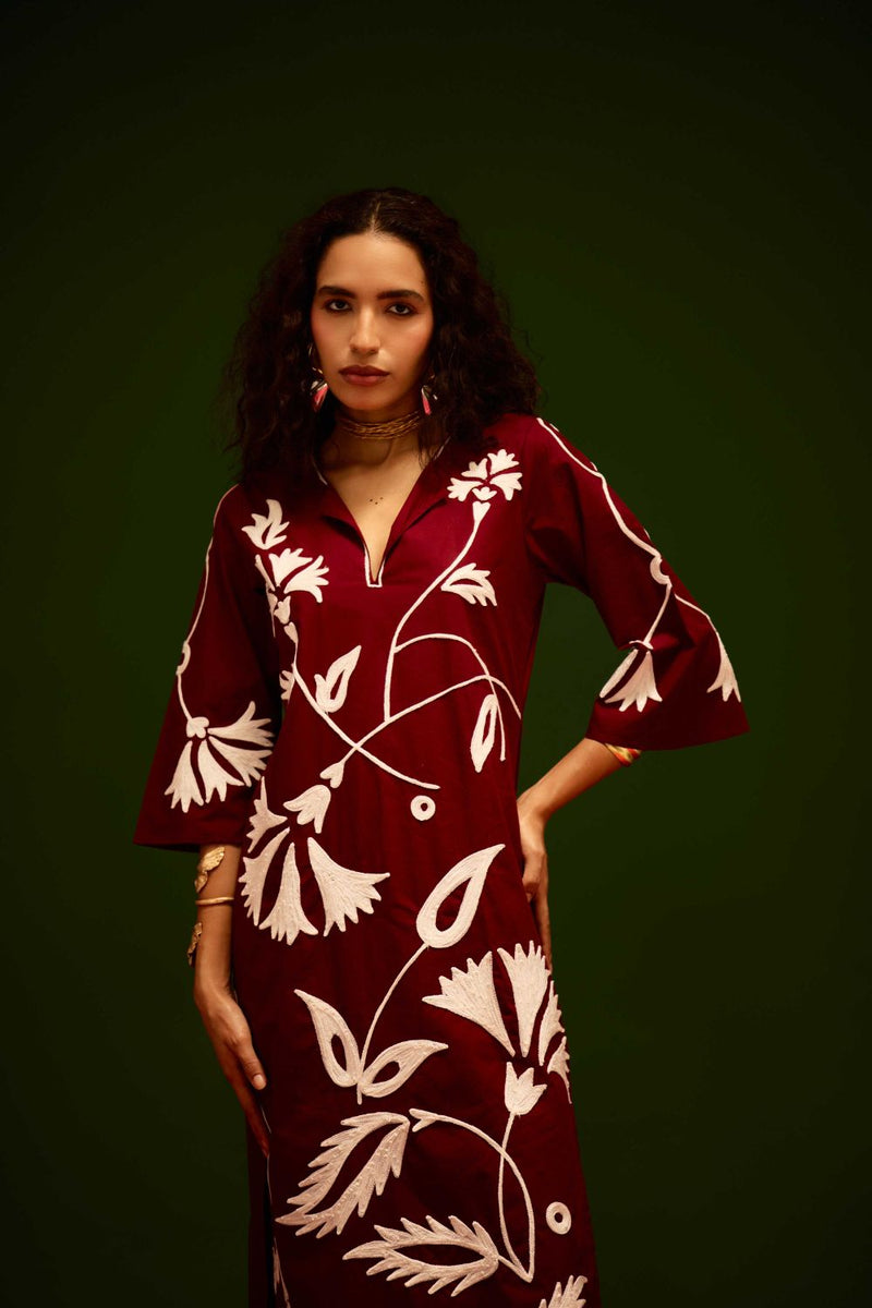 Burgundy Wine Cotton Maxi Dress With Ivory Botanical Thread Embroidery poplin by Indian Summer Story for women Worldwide