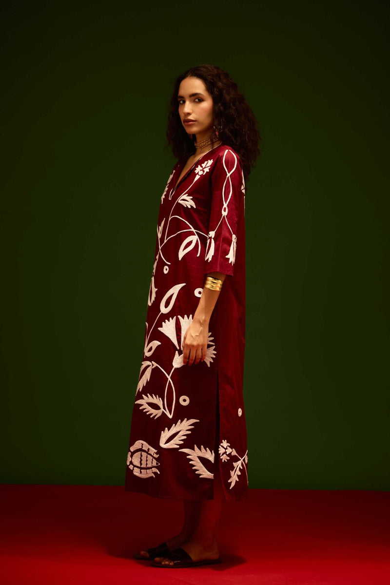 Burgundy Wine Cotton Maxi Dress With Ivory Botanical Thread Embroidery poplin by Indian Summer Story for women Worldwide
