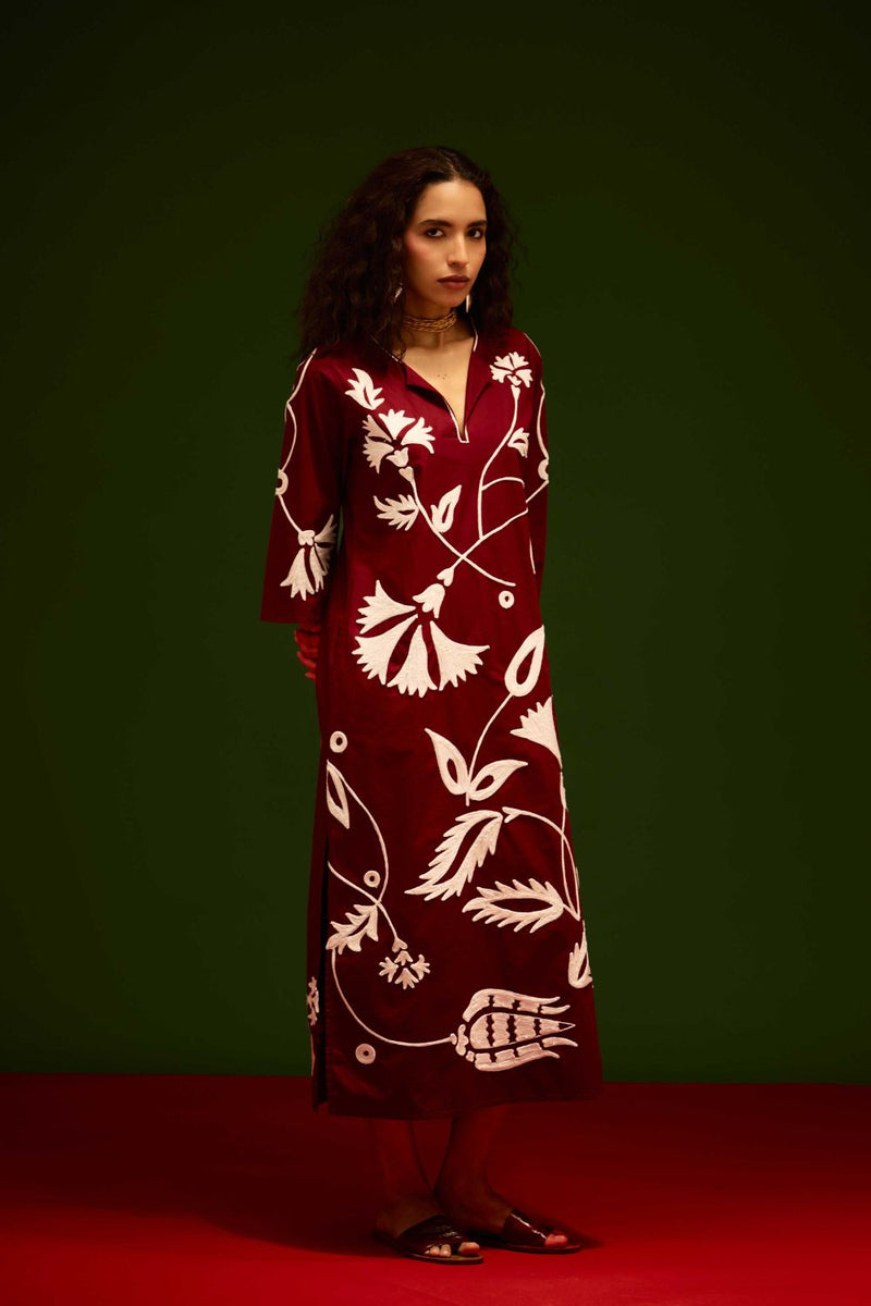 Burgundy Wine Cotton Maxi Dress With Ivory Botanical Thread Embroidery poplin by Indian Summer Story for women Worldwide