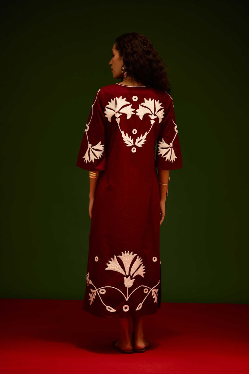Burgundy Wine Cotton Maxi Dress With Ivory Botanical Thread Embroidery poplin by Indian Summer Story for women Worldwide
