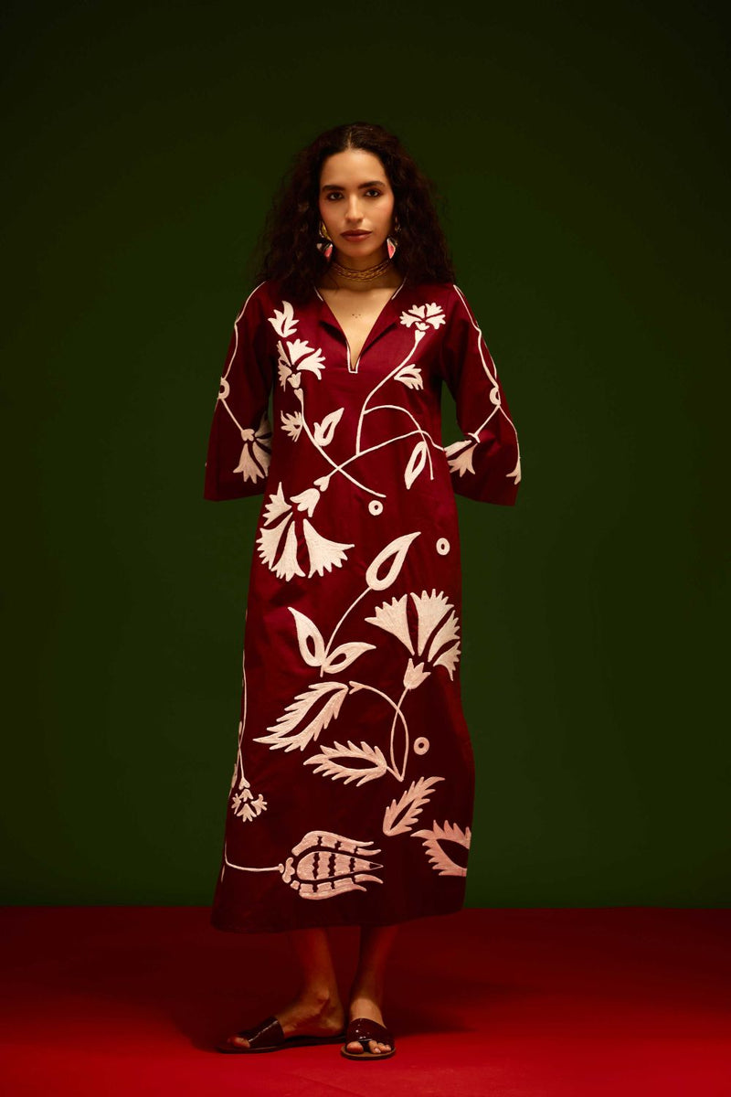 Burgundy Wine Cotton Maxi Dress With Ivory Botanical Thread Embroidery poplin by Indian Summer Story for women Worldwide