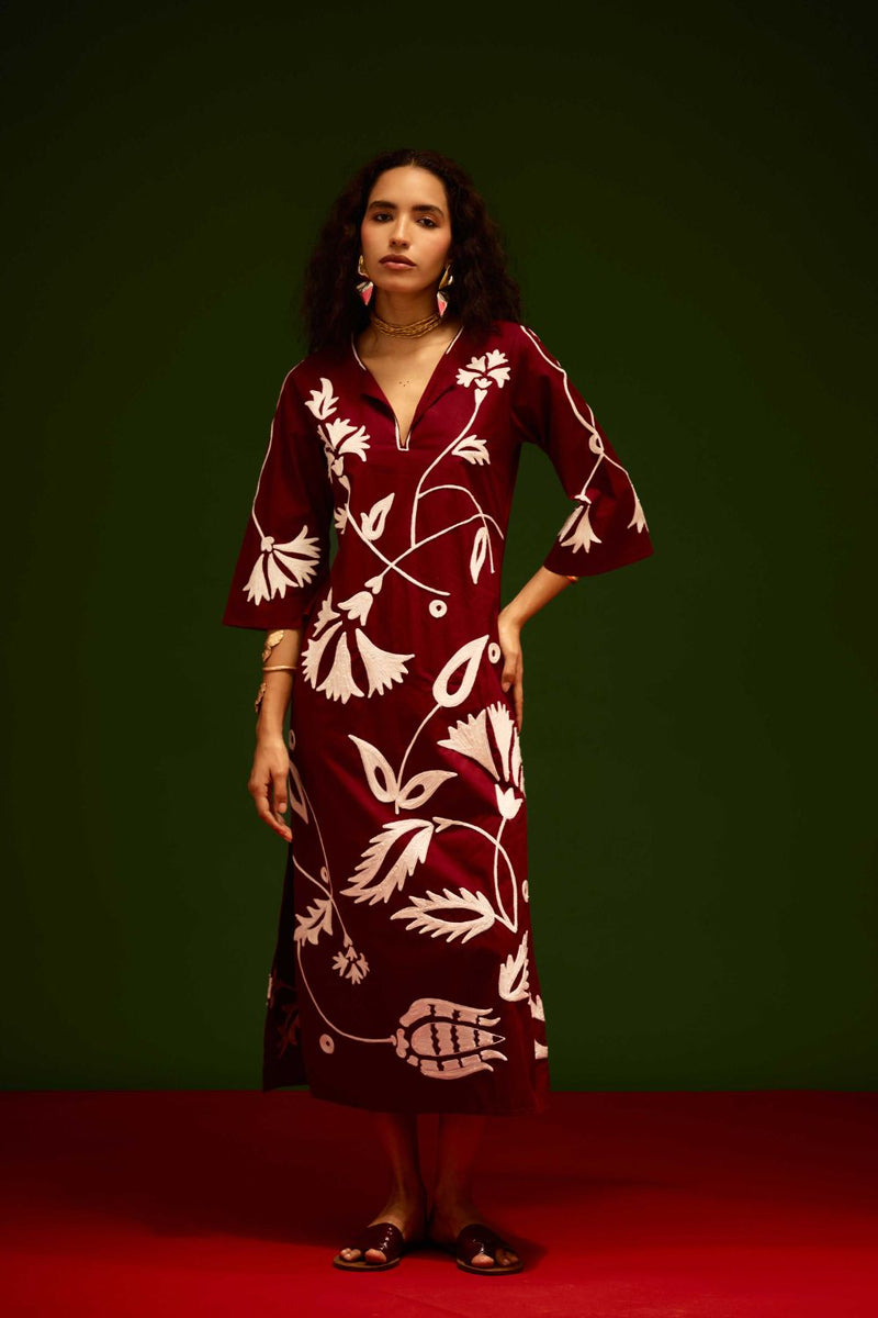 Burgundy Wine Cotton Maxi Dress With Ivory Botanical Thread Embroidery poplin by Indian Summer Story for women Worldwide