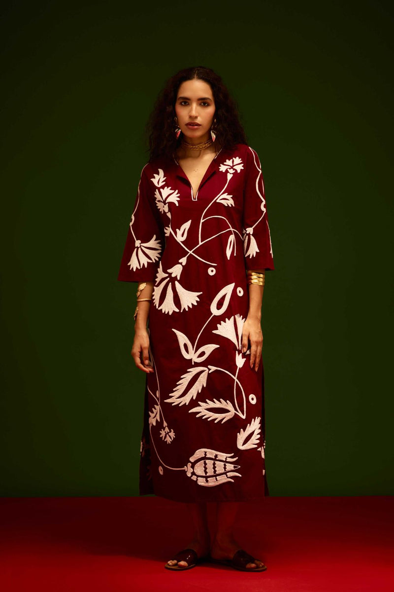 Burgundy Wine Cotton Maxi Dress With Ivory Botanical Thread Embroidery poplin by Indian Summer Story for women Worldwide
