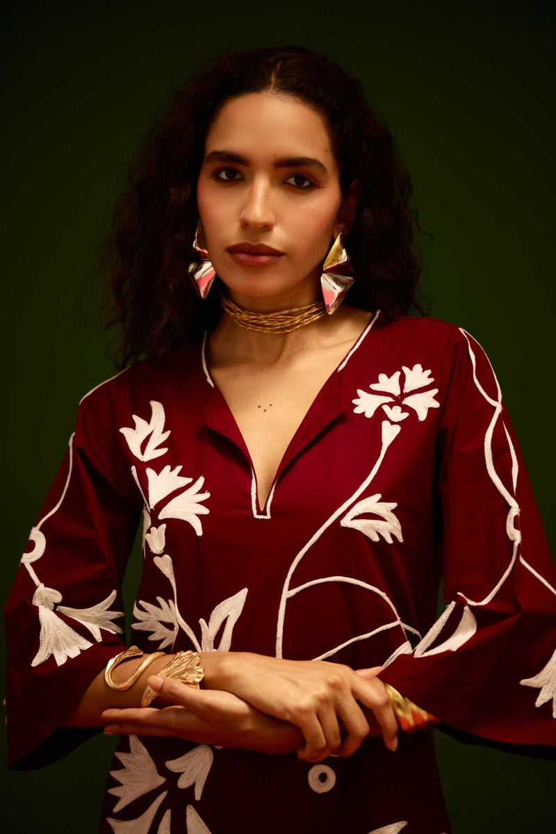 Burgundy Wine Cotton Maxi Dress With Ivory Botanical Thread Embroidery poplin by Indian Summer Story for women Worldwide