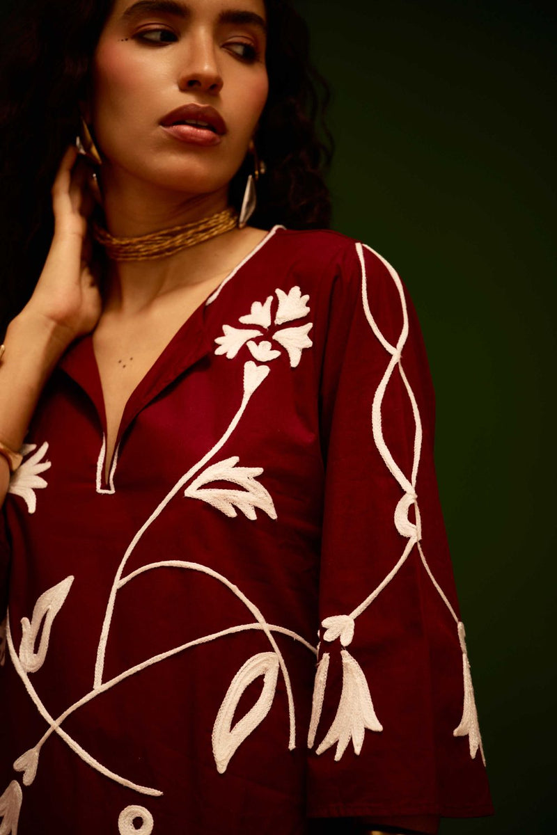 Burgundy Wine Cotton Maxi Dress With Ivory Botanical Thread Embroidery poplin by Indian Summer Story for women Worldwide