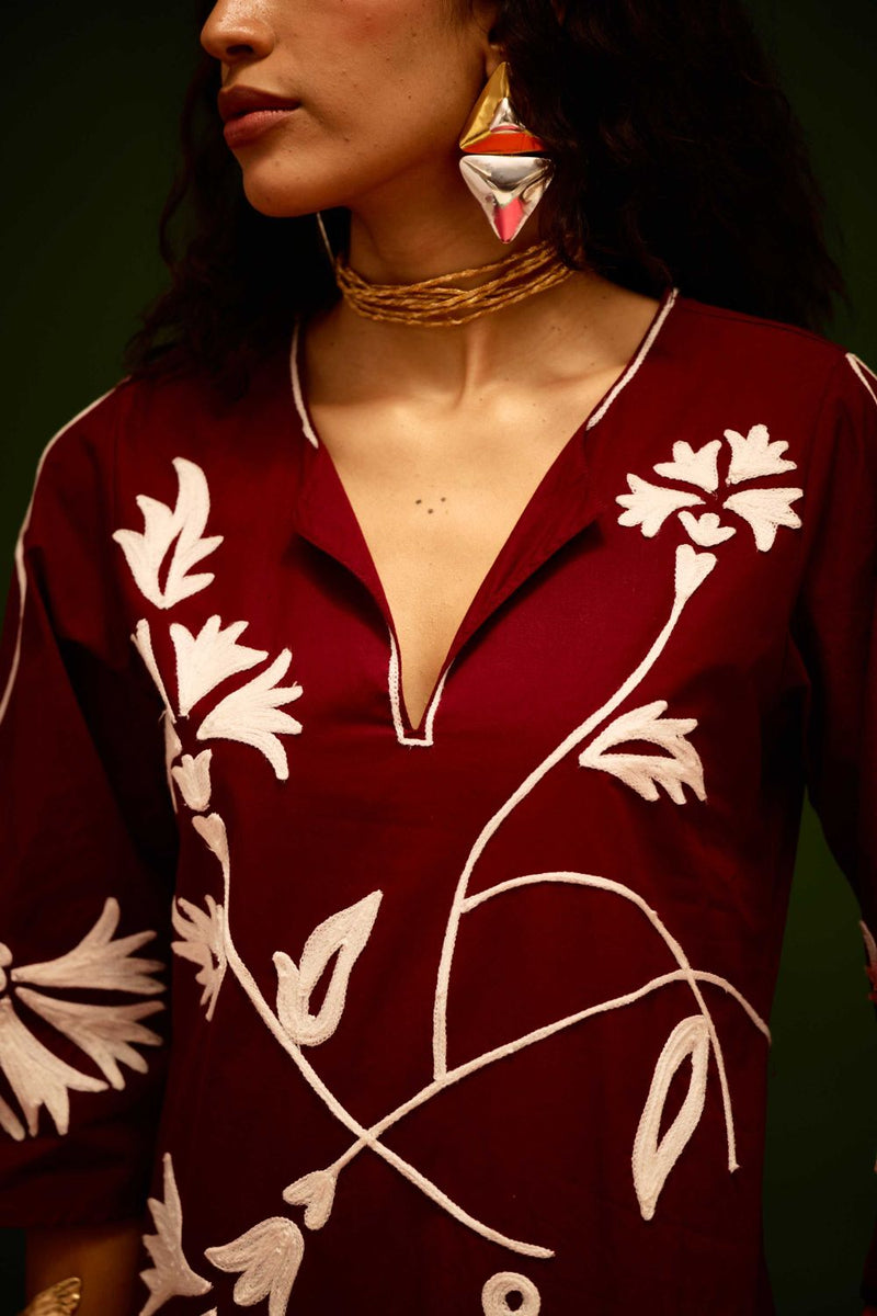 Burgundy Wine Cotton Maxi Dress With Ivory Botanical Thread Embroidery poplin by Indian Summer Story for women Worldwide