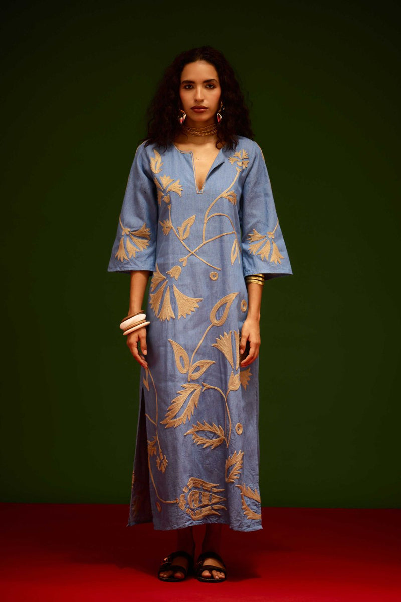 Denim Blue Cotton Maxi Dress With Natural Botanical Thread Embroidery by Indian Summer Story in blue color for women Worldwide