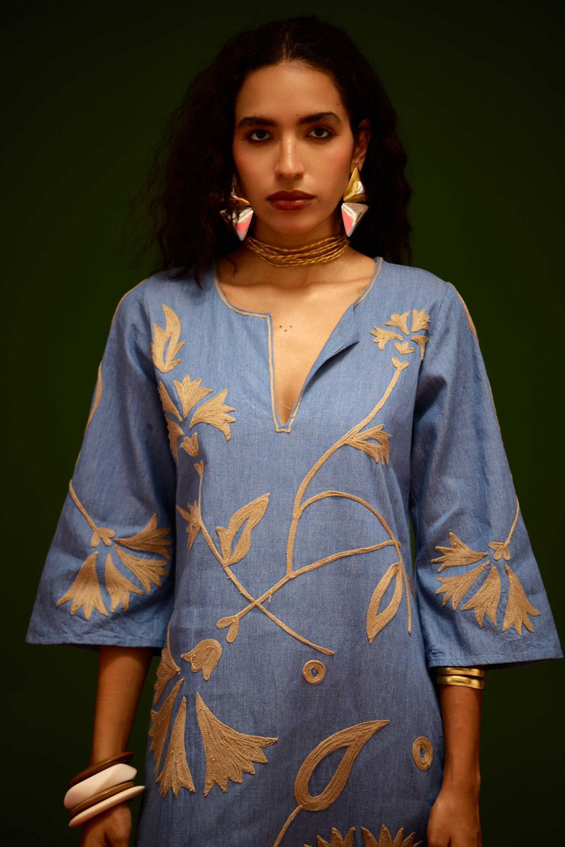 Denim Blue Cotton Maxi Dress With Natural Botanical Thread Embroidery by Indian Summer Story in blue color for women Worldwide