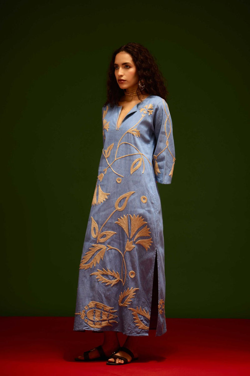 Denim Blue Cotton Maxi Dress With Natural Botanical Thread Embroidery by Indian Summer Story in blue color for women Worldwide