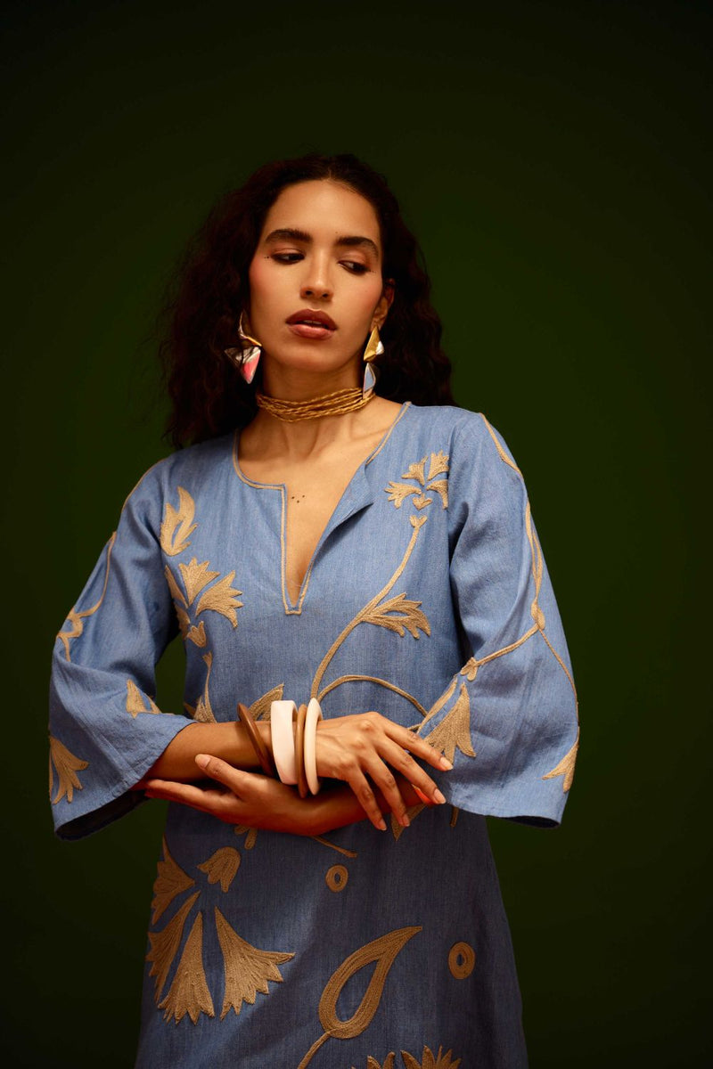 Denim Blue Cotton Maxi Dress With Natural Botanical Thread Embroidery by Indian Summer Story in blue color for women Worldwide