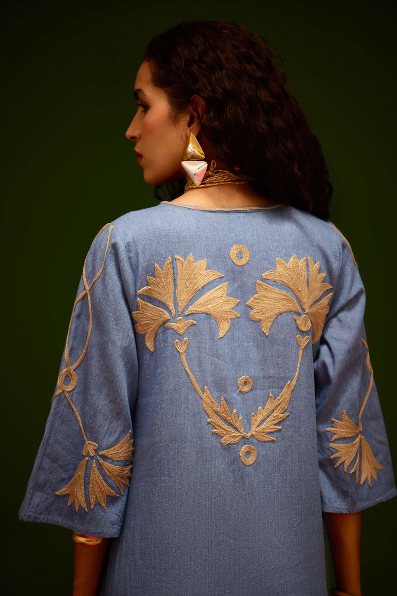 Denim Blue Cotton Maxi Dress With Natural Botanical Thread Embroidery by Indian Summer Story in blue color for women Worldwide