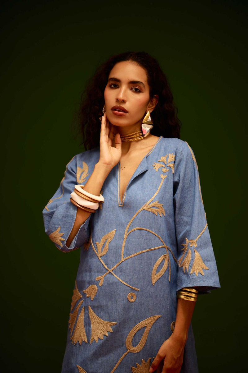 Denim Blue Cotton Maxi Dress With Natural Botanical Thread Embroidery by Indian Summer Story in blue color for women Worldwide