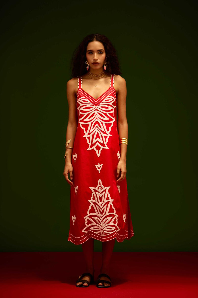 Scarlet Strappy Cotton Dress With Ivory Flame Thread Embroidery poplin by Indian Summer Story in orange color for women Worldwide