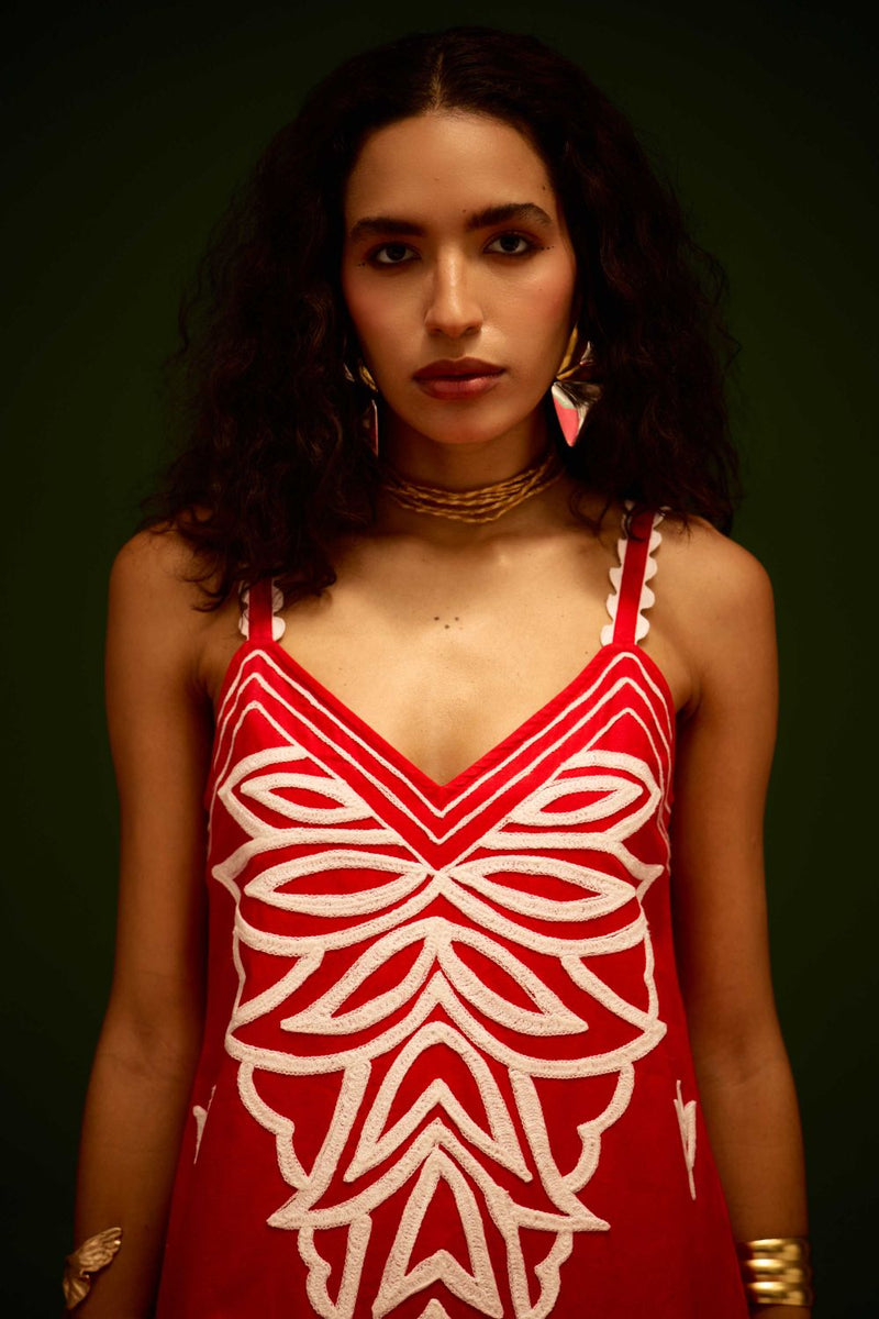 Scarlet Strappy Cotton Dress With Ivory Flame Thread Embroidery poplin by Indian Summer Story in orange color for women Worldwide