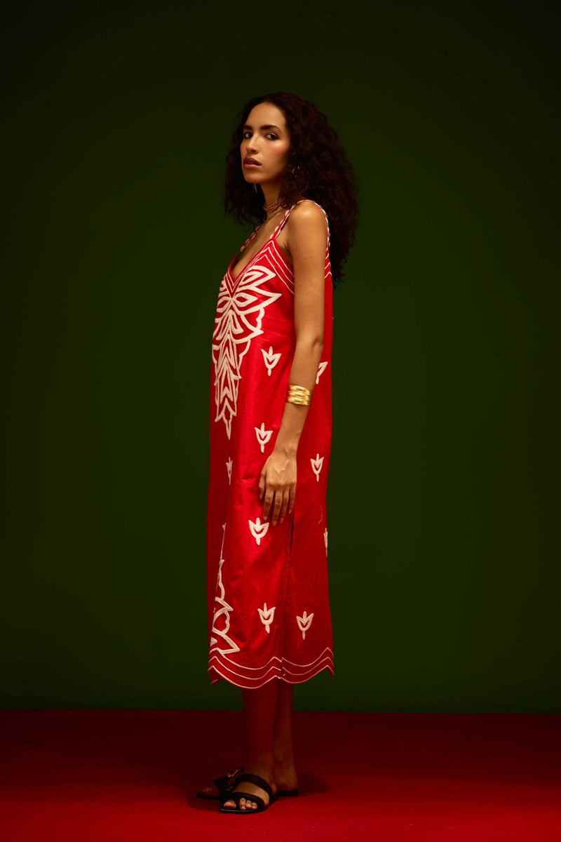 Scarlet Strappy Cotton Dress With Ivory Flame Thread Embroidery poplin by Indian Summer Story in orange color for women Worldwide