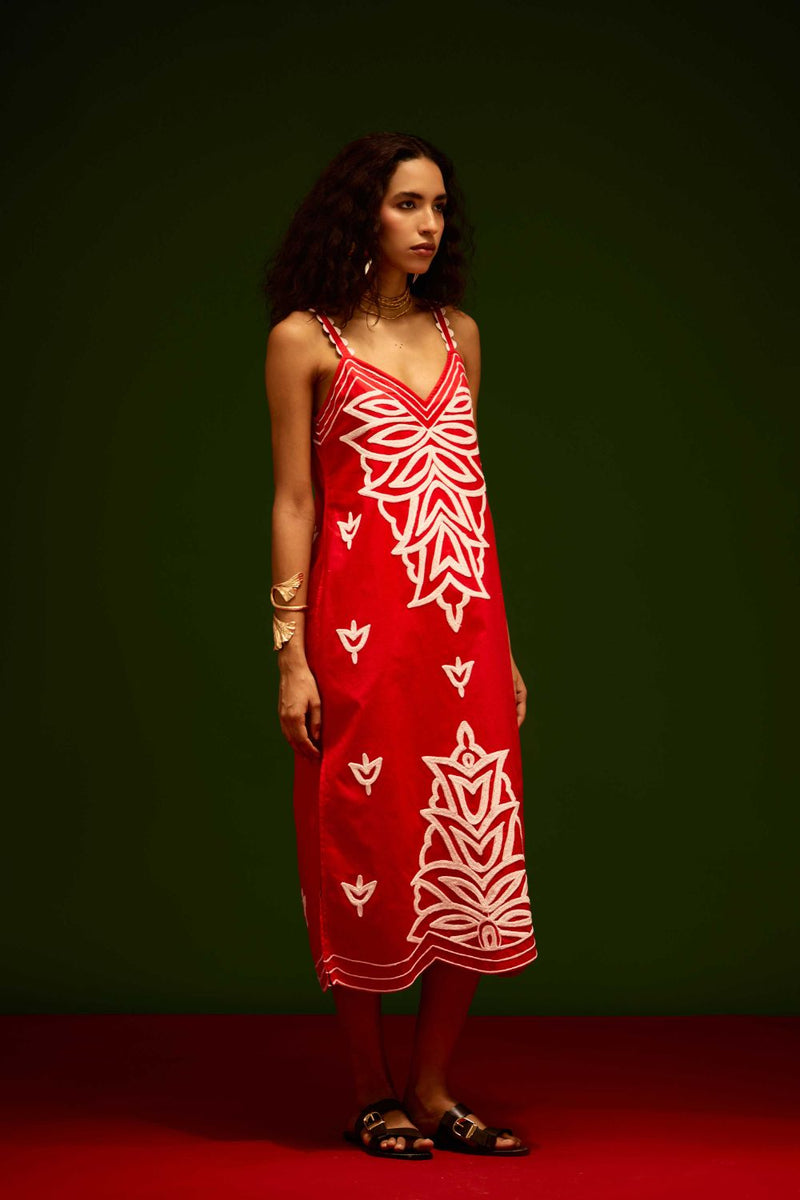 Scarlet Strappy Cotton Dress With Ivory Flame Thread Embroidery poplin by Indian Summer Story in orange color for women Worldwide